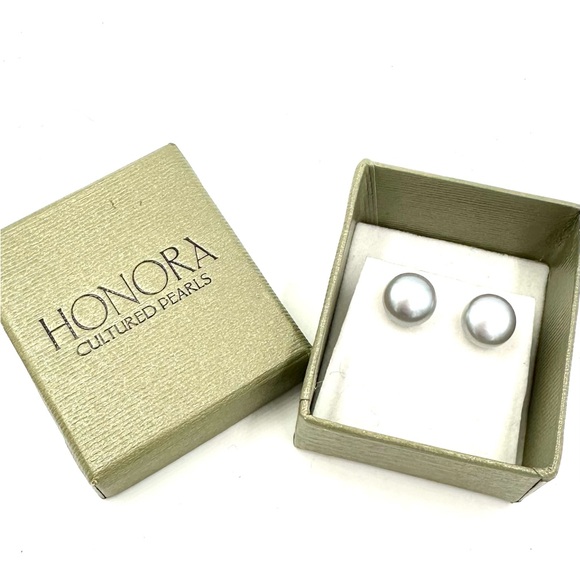 HONORA Silver Gray Pearl Studs Earrings Sterling Silver 9mm NWOT - Picture 3 of 13